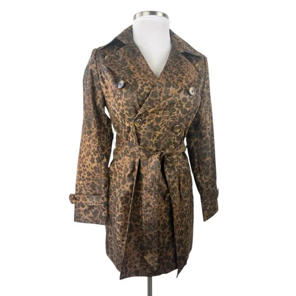 Cachè Leopard Animal Print Trench Coat Large Belted Lined Old Money Y2k Style - Picture 4 of 16